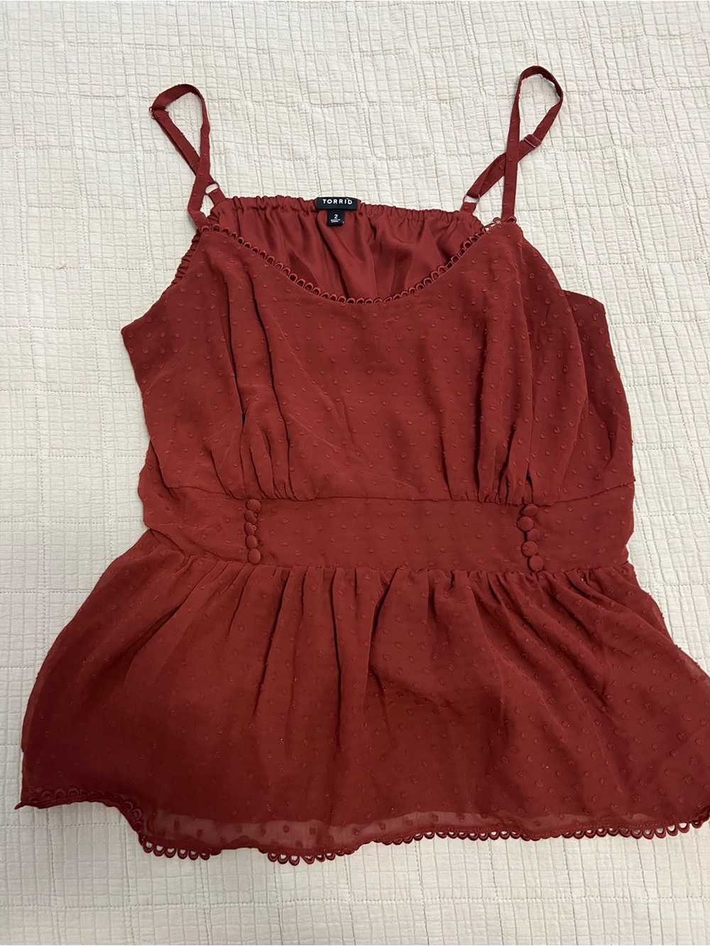 torrid rust red dotted peplum camisole with adjustable straps